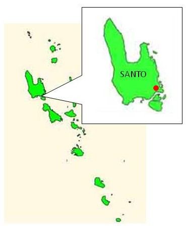 Map of the Vanuatu archipelago with Santo inset showing the VARTC location