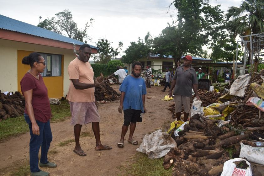 Floriane Lawac (VARTC Root Crops), Tari Molisalé (DARD) and Edilbert Telukluk with collected root crops, 2020